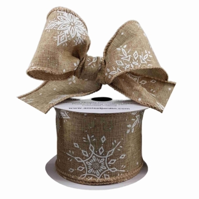 Stuha jutová s drátkem hnědá zimní sněhové vločky 9.1 m