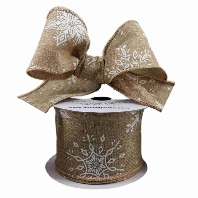 Stuha jutová s drátkem hnědá zimní sněhové vločky 9.1 m