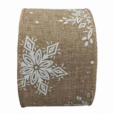 Stuha jutová s drátkem hnědá zimní sněhové vločky 9.1 m