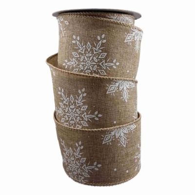 Stuha jutová s drátkem hnědá zimní sněhové vločky 9.1 m