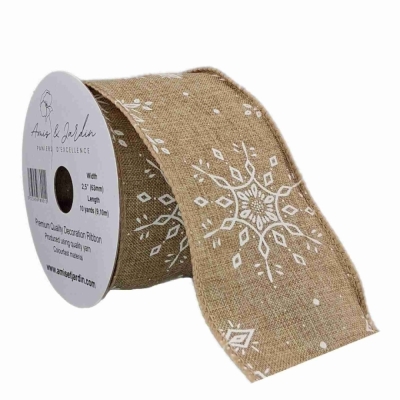 Stuha jutová s drátkem hnědá zimní sněhové vločky 9.1 m