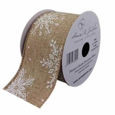 Stuha jutová s drátkem hnědá zimní sněhové vločky 9.1 m