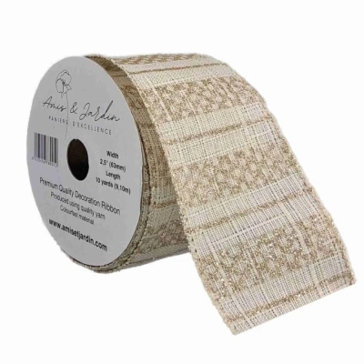 Stuha jutová s drátkem krémová vánoční geometrie 9.1 m