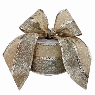 Stuha jutová s drátkem krémová vánoční hvězdy 9.1 m