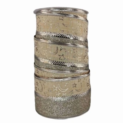 Stuha jutová s drátkem krémová vánoční hvězdy 9.1 m