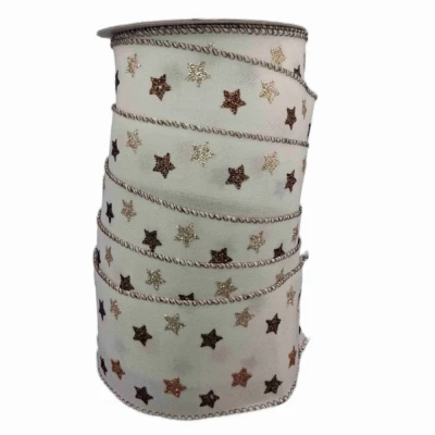 Stuha jutová s drátkem krémová vánoční hvězdy 9.1 m