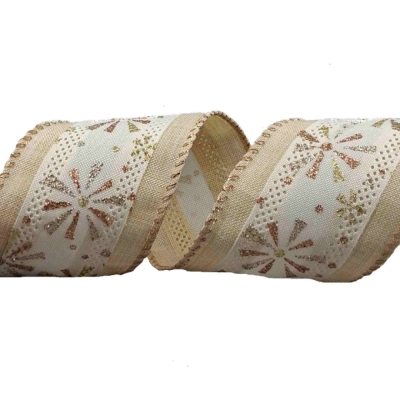 Stuha jutová s drátkem krémová vánoční hvězdy 9.1 m