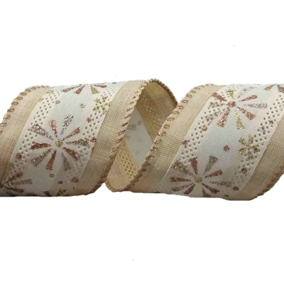 Stuha jutová s drátkem krémová vánoční hvězdy 9.1 m