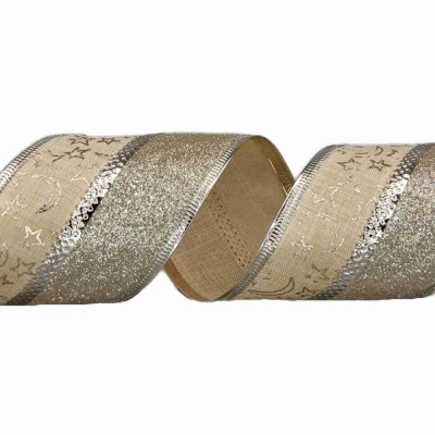 Stuha jutová s drátkem krémová vánoční hvězdy 9.1 m