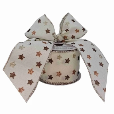 Stuha jutová s drátkem krémová vánoční hvězdy 9.1 m