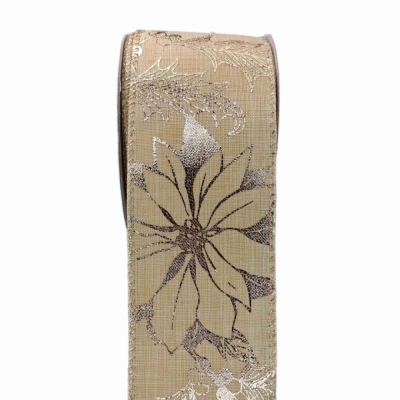 Stuha jutová s drátkem krémová vánoční květy 9.1 m