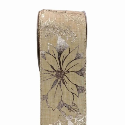 Stuha jutová s drátkem krémová vánoční květy 9.1 m