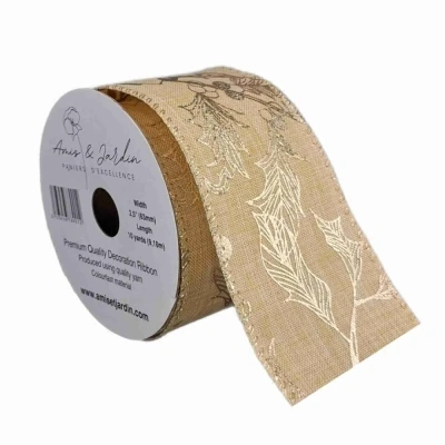 Stuha jutová s drátkem krémová vánoční květy 9.1 m