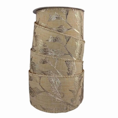 Stuha jutová s drátkem krémová vánoční květy 9.1 m