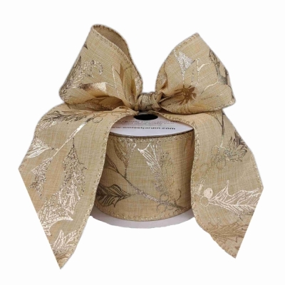 Stuha jutová s drátkem krémová vánoční květy 9.1 m