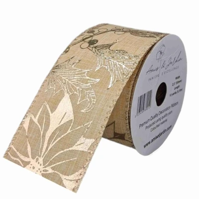 Stuha jutová s drátkem krémová vánoční květy 9.1 m