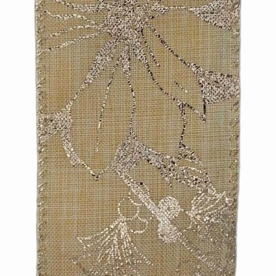 Stuha jutová s drátkem krémová vánoční květy 9.1 m