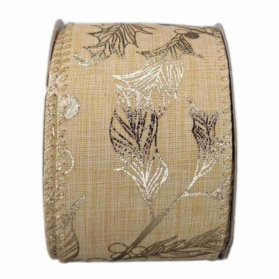 Stuha jutová s drátkem krémová vánoční květy 9.1 m