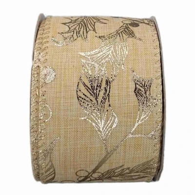 Stuha jutová s drátkem krémová vánoční květy 9.1 m
