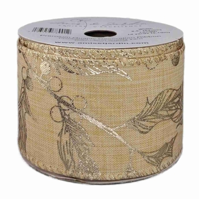 Stuha jutová s drátkem krémová vánoční květy 9.1 m