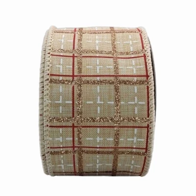 Stuha jutová s drátkem krémová vánoční mřížka 9.1 m