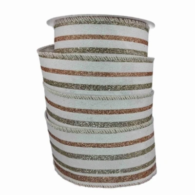 Stuha jutová s drátkem krémová vánoční pruhy 9.1 m