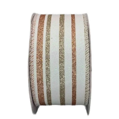 Stuha jutová s drátkem krémová vánoční pruhy 9.1 m