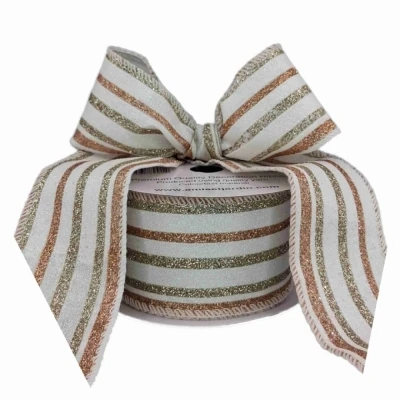 Stuha jutová s drátkem krémová vánoční pruhy 9.1 m