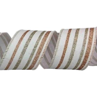 Stuha jutová s drátkem krémová vánoční pruhy 9.1 m