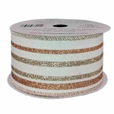 Stuha jutová s drátkem krémová vánoční pruhy 9.1 m