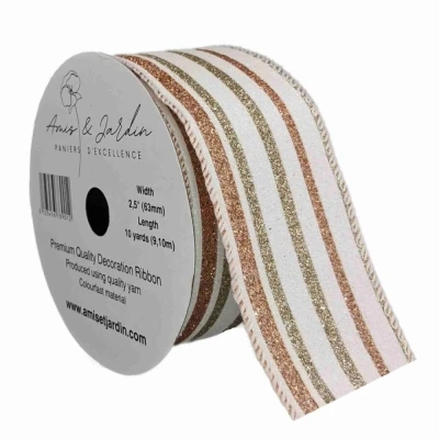 Stuha jutová s drátkem krémová vánoční pruhy 9.1 m