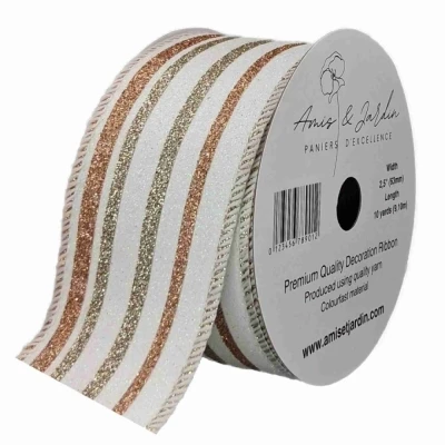 Stuha jutová s drátkem krémová třpytivé pruhy 9.1 m