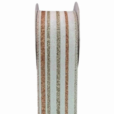 Stuha jutová s drátkem krémová vánoční pruhy 9.1 m