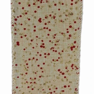 Stuha jutová s drátkem krémová vánoční puntíky 9.1 m