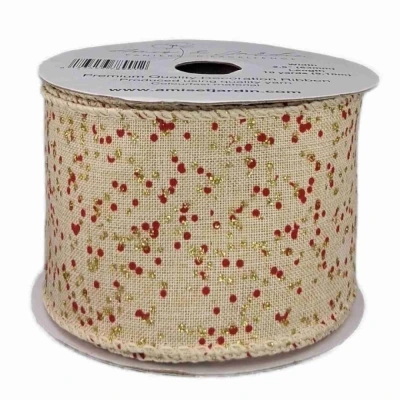 Stuha jutová s drátkem krémová vánoční puntíky 9.1 m