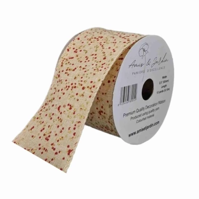 Stuha jutová s drátkem krémová vánoční puntíky 9.1 m