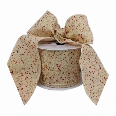 Stuha jutová s drátkem krémová vánoční puntíky 9.1 m