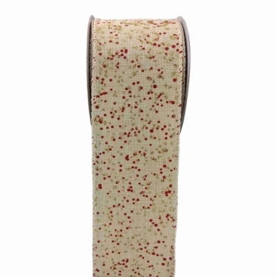 Stuha jutová s drátkem krémová vánoční puntíky 9.1 m
