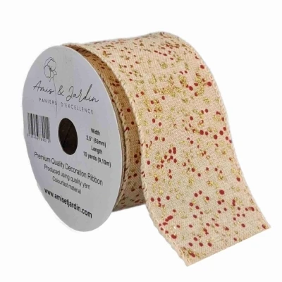 Stuha jutová s drátkem krémová vánoční puntíky 9.1 m