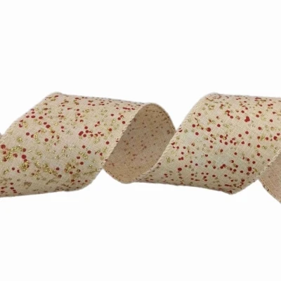 Stuha jutová s drátkem krémová vánoční puntíky 9.1 m