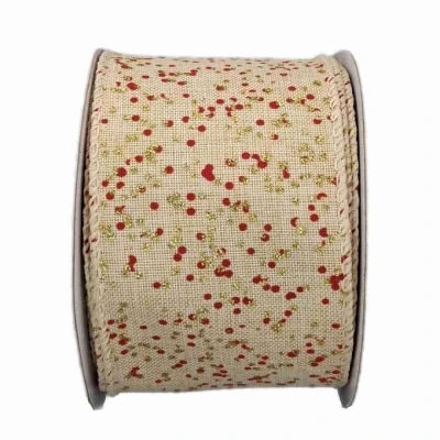 Stuha jutová s drátkem krémová vánoční puntíky 9.1 m