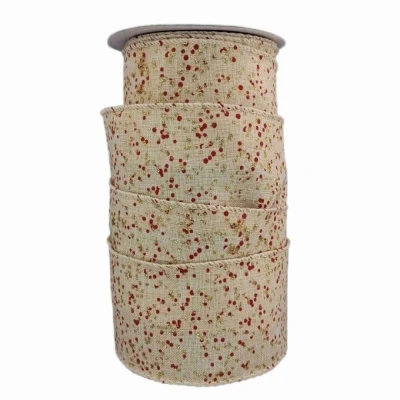 Stuha jutová s drátkem krémová vánoční puntíky 9.1 m