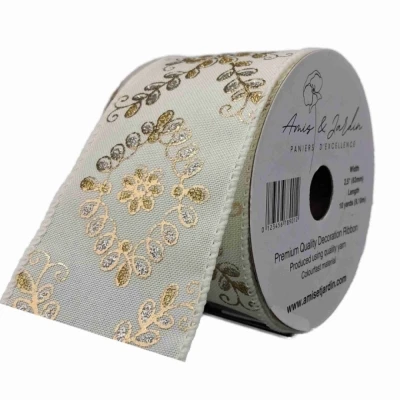 Stuha jutová s drátkem krémová ornamenty 9.1 m