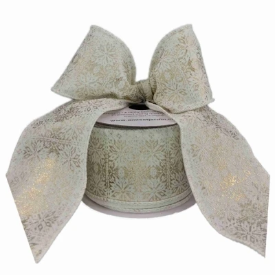 Stuha jutová s drátkem krémová zimní sněhové vločky 9.1 m