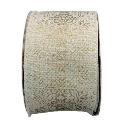 Stuha jutová s drátkem krémová zimní sněhové vločky 9.1 m