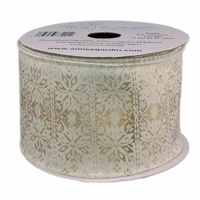Stuha jutová s drátkem krémová zimní sněhové vločky 9.1 m