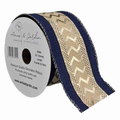 Stuha jutová s drátkem modrá ornamenty 9.1 m