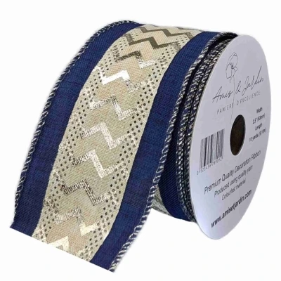 Stuha jutová s drátkem modrá ornamenty 9.1 m