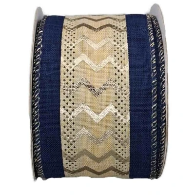 Stuha jutová s drátkem modrá ornamenty 9.1 m
