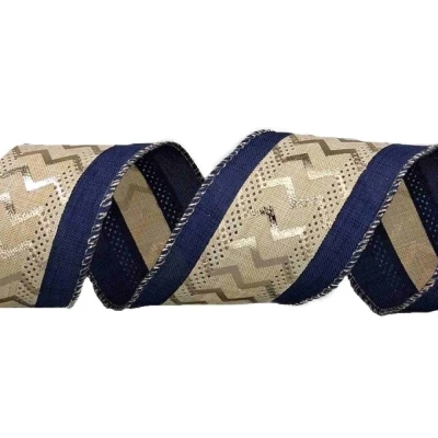 Stuha jutová s drátkem modrá ornamenty 9.1 m